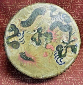 Vintage Double Sided Chinese Drum, Decorated/Painted, Old Tacks, Hide, Signed - Picture 1 of 4