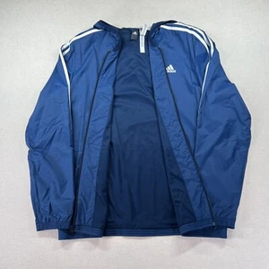 Adidas Hooded Track Jacket Men L Blue Full Zip Windbreaker Pockets 3 Stripe Logo - Picture 1 of 16