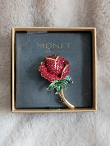 Signed Monet Goldtone & Red Rhinestone Rose w Stem & Leaves Brooch Pin - Picture 1 of 6