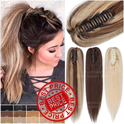 THICK Real Human Hair Claw Ponytail Clip In Remy Pony Tail Extensions Ombre Long - Image 1 of 4