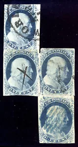 US 7 1c 1851 Benjamin Franklin reconstruction of the "big crack" on four stamps - Picture 1 of 1