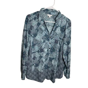 J Jill Blouse Women's Medium Blue Casual Popover V-Neck Button Collared Shirt - Picture 1 of 9