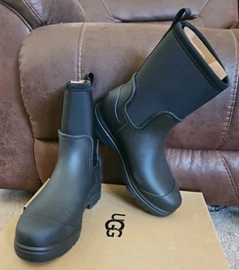 Bota de lluvia UGG Droplet Mid para mujer talla 8 de cuero negro impermeable - Imagen 1 de 9