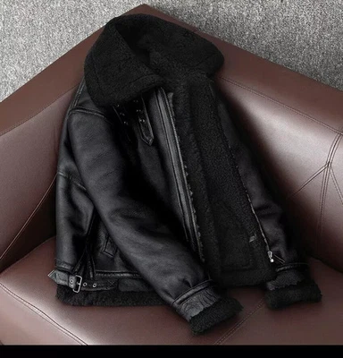 Men’s B3 RAF Bomber Black Aviator Flying Fur Shearling Real Leather Jacket Coat - Image 1 of 4