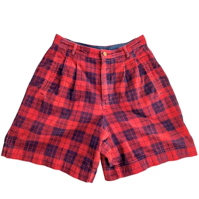 Vintage Liz Claiborne 6 P Holiday Cord Plaid High Waisted Shorts Red Navy Retro - Image 1 of 4