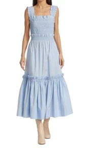 Sea New York Sz L Pheobe Midi Dress Blue Smocked Sleeveless 100% Cotton Tiered - Picture 1 of 14