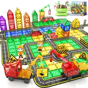 100 PCS Magnetic Tiles Road Set with 3 Cranes & 2 Cars - Magnetic Blocks City... - Picture 1 of 6