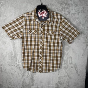 Split Men's Brown Plaid Shirt Size L Button-up Snaps Pockets Short Sleeves - Picture 1 of 10