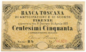 50 CENTESIMI BANCA TOSCANA DI ANTICIPAZIONI E SCONTO FIRENZE 24/04/1870 SUP - Picture 1 of 6