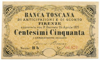 50 CENTESIMI BANCA TOSCANA DI ANTICIPAZIONI E SCONTO FIRENZE 24/04/1870 SUP - Image 1 of 4