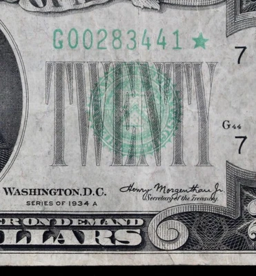 $20 1934A Star Mule Federal Reserve Note G00283441* series A, twenty $, Chicago - Image 1 of 4