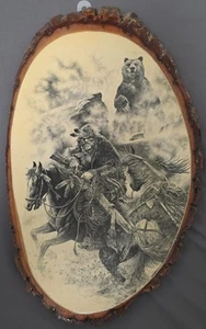 Vintage Yellowstone Nationalpark Holzscheibe Kunst Souvenir Bär Jäger Entdecker - Bild 1 von 3