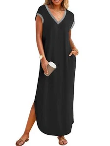 Women's Casual Short Sleeve Maxi Dress V Neck Split Loose Beach Long Dress - Picture 1 of 14