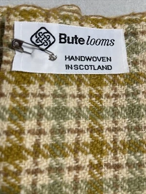 VTG Bute Looms Wool Hand Woven Fabric Scotland 72x29” Houndstooth Plaid Gold - Image 1 of 4