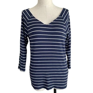Chaps Large Shirt 3/4 Sleeve Striped Navy Blue White Womens V-Neck Ribbed Top - Picture 1 of 8