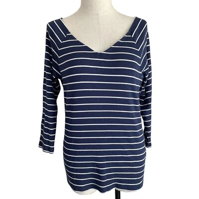 Chaps Large Shirt 3/4 Sleeve Striped Navy Blue White Womens V-Neck Ribbed Top - Image 1 of 4