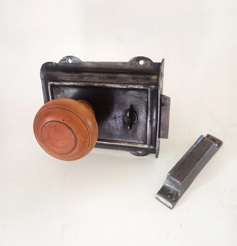 Vintage Victorian Rim Lock Set with Box Wood Knobs & Keep Bathroom Toilet Door Cover