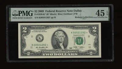 DBR 2009 $2 FRN Dallas STAR Fr. 1939-K* PMG 45 EPQ Serial K00501292* - Image 1 of 2