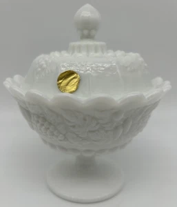 Westmoreland Milk Glass Pedestal Candy Dish with Lid~Paneled Grape/Della Robbia - Picture 1 of 13