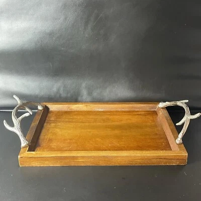 Wood Tray With Antler Handles Handmade Cheese Board VTG Beautiful! - Image 1 of 4