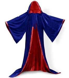 Velvet Robe Halloween Hooded Wizard Medieval Renaissance Cloak Line With Sleeves