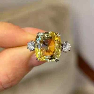 3.50Ct Cushion Lab Craeted Ctirine & Diamond Wedding Ring 14K White Gold Plated - Picture 1 of 8