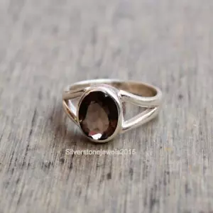 Smoky Quartz Ring 925 Solid Sterling Silver Ring Oval Stone Yellow Gold Fill - Picture 1 of 2