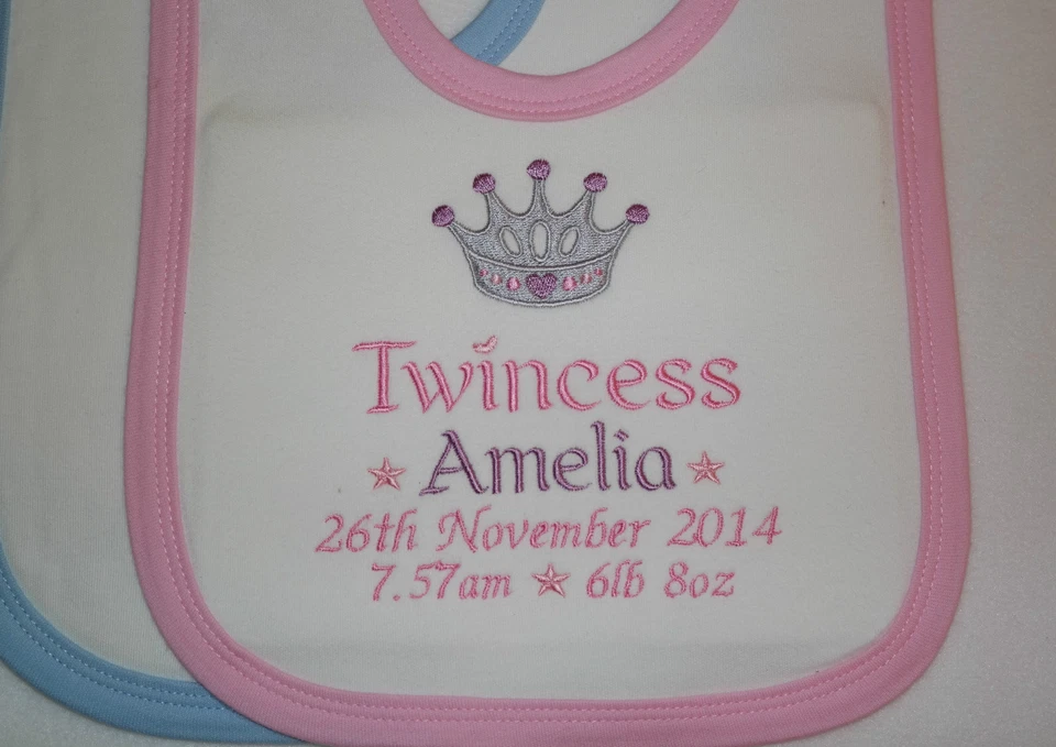 LESLEY ANN DESIGNS Personalised 2 embroidered Twins bibs Twincess Twince optional date time weight