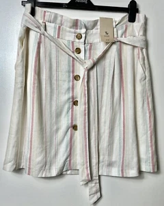TU White Pastel Stripe Linen Blend Paperbeg Waist Belted Skirt Size UK 18 New - Picture 1 of 6