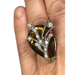 Silver Tone Cocktail Ring Huge Amber Pear Rhinestone Floral Spray Overlay Sz Adj - Picture 1 of 8