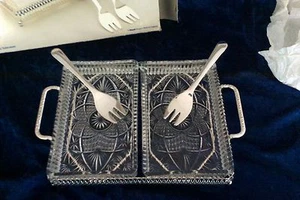Vintage QUEEN ANNE hors d'oeuvrier silver plate divided cut glass dish forks box - Picture 1 of 11