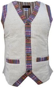 Gheri Men's Contrast Border Boho Single Breasted Cotton Hemp Festival Waistcoat - Picture 1 of 6