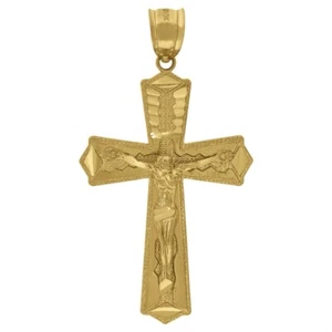 10k Yellow Gold Diamond-Cut Cross Crucifix Religious Charm Pendant for Mens - Picture 1 of 2