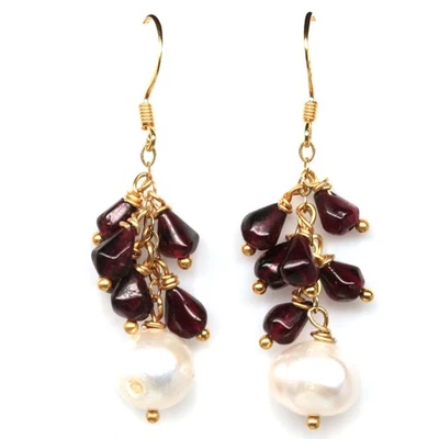 Plata 925 hecha a mano 8 x 9 mm. Pendientes de rodolita rosa púrpura y perlas blancas Foto 1 de 4