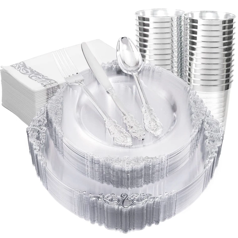 175 PIEZAS Placas de Plástico Plateado Transparente -Incluye 50 Platos, 25 Tazas, 25 Horquillas, 25... Foto 1 de 4