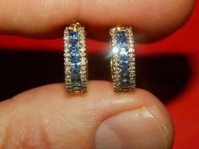 2Ct Lab Created Blue Sapphire Huggie Earrings 14K Yellow Gold Finish - Image 1 of 4