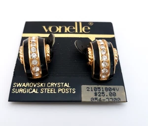Vonelle Swarovski Crystal Earrings Clip-On Black Enamel Gold Tone New Old Stock - Picture 1 of 6