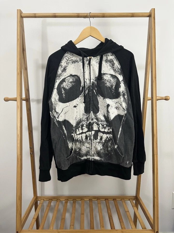 De Colección Puño de Hierro Y2K Esqueleto Calavera Cara Grande Cremallera Completa Gótica Sudadera con Capucha Talla M Foto 1 de 4