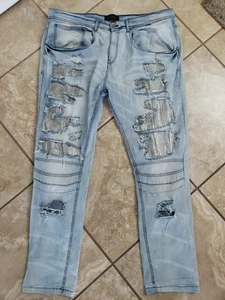 Encrypted Jeans 44x34(Actual 46×34) Distressed Blue Acid Wash Denim Moto Ripped - Picture 1 of 6