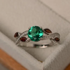 Dainty Emerald Ring 925 Sterling Silver Lab Created Round Gemstone Women Ring - Picture 1 of 5