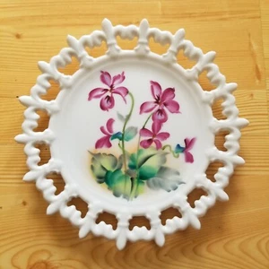 VTG Hand Painted Lefton China Milk Glass Fancy 8" Plate W/Violet Flowers - Picture 1 of 4