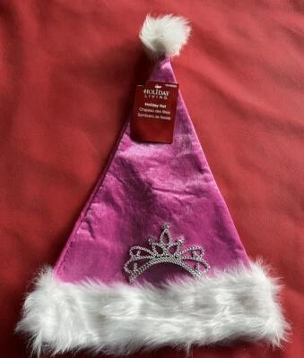 Christmas Pink Velvet Princess Tiara Plush Faux Santa Hat w/ Fur Cuff & Pom Pom - Image 1 of 3