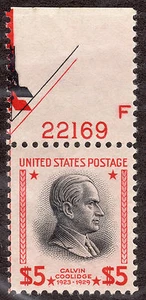 US # 834 (1938) $5 - Grade: VF - MNH w/P# single 22169 EFO: Guide Line Arrow - Picture 1 of 2