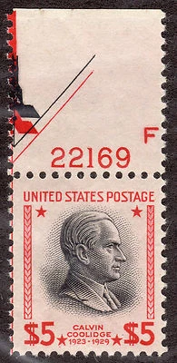US # 834 (1938) $5 - Grade: VF - MNH w/P# single 22169 EFO: Guide Line Arrow - Image 1 of 2