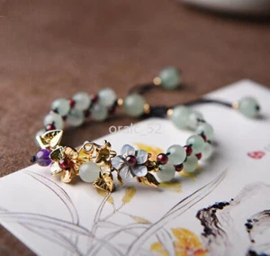 Bracciale Cina Dongling Giada/Granato/Nero Fiore Conchiglia Stile Etnico Catena Mano - Foto 1 di 8