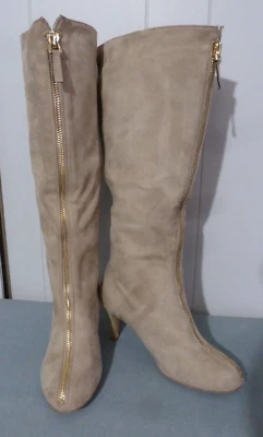 Botas de moda para mujer beige tostado neutro terciopelo medianoche imitación gamuza dorada cremallera talla 8 Foto 1 de 4