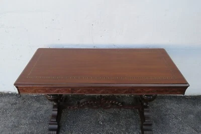 Mesa de extensión de comedor biblioteca consola larga con incrustación tallada de principios de 1900 5392 Foto 1 de 4