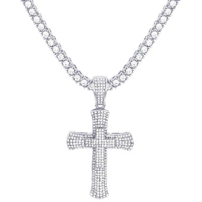 Iced 3D Cross Pendant 24" Tennis Chain Rapper Silver Plated Necklace TMP 708 S - Изображение 1 из 3