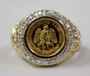 14k Gold Diamonds 1945 Dos Pesos Gold Coin Nugget Ring - Size 11 - 10.5gr - Picture 1 of 9