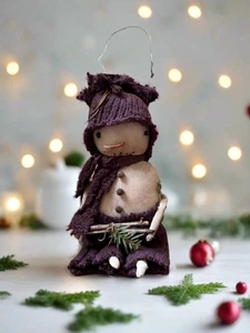 Primitive Handcrafted Plum Scarf Snowman Doll w/ Hat and Greens 10" - Picture 1 of 4